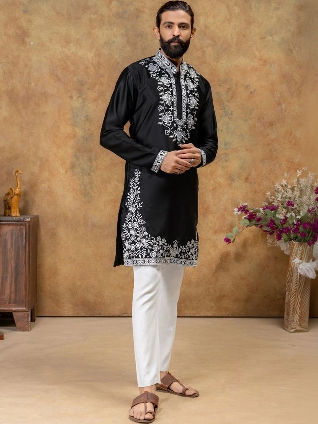 HOUSE OF DORAS Men Embroidered Thread Work Grandeur & Majestic Artwork Satin Blend Kurta-picture-55