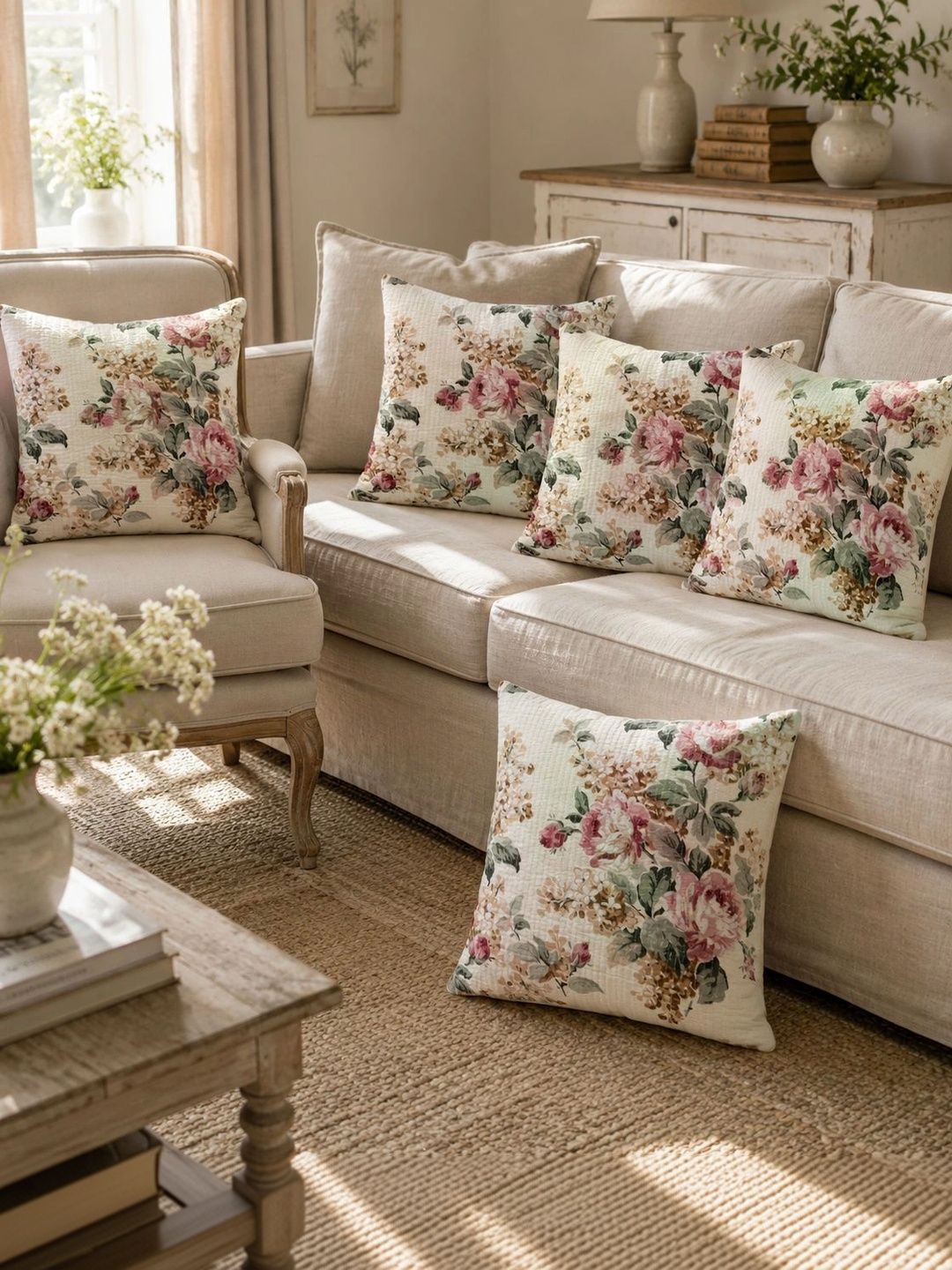 Aura Cream-Coloured Set of 5 Floral Square Cushion Covers-picture-11