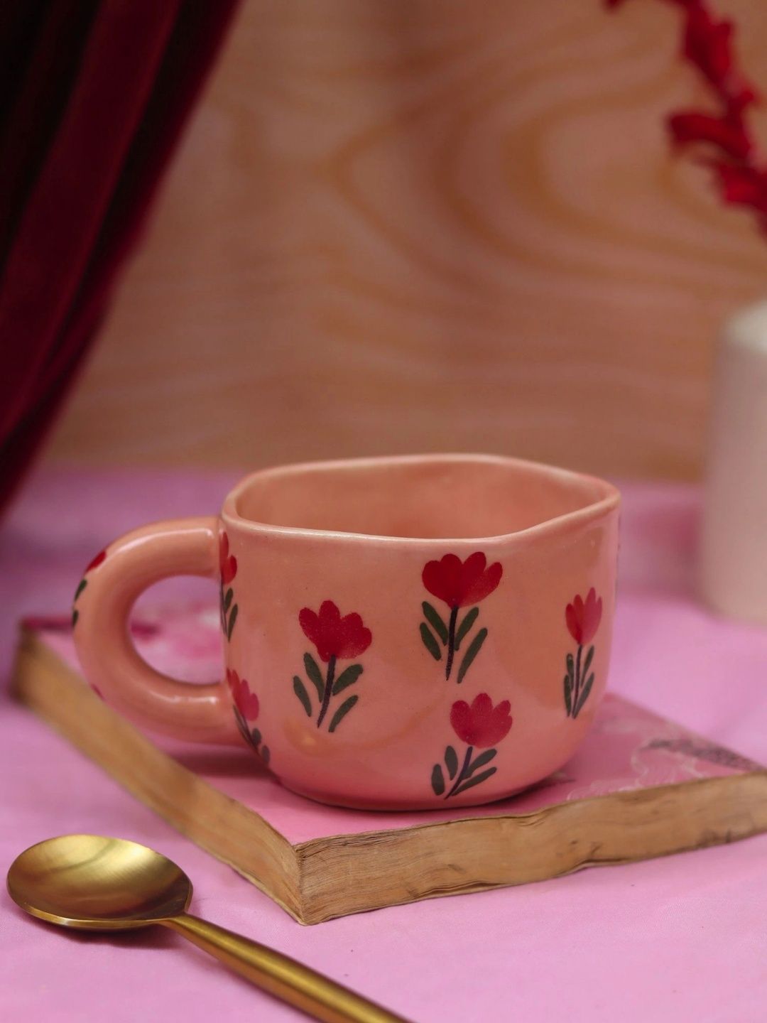 WEAVING HOMES Orange Handcrafted and Hand Painted Printed Ceramic Glossy Mugs Set of Cups and Mugs-image-1