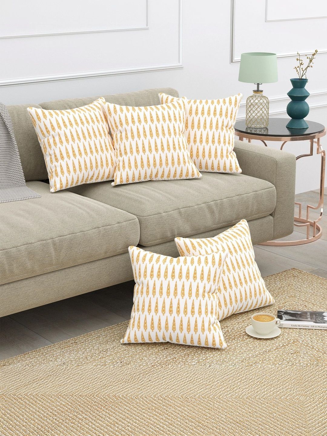Texstylers Gold-Toned & White Set of 5 Square Cushion Covers-picture-33