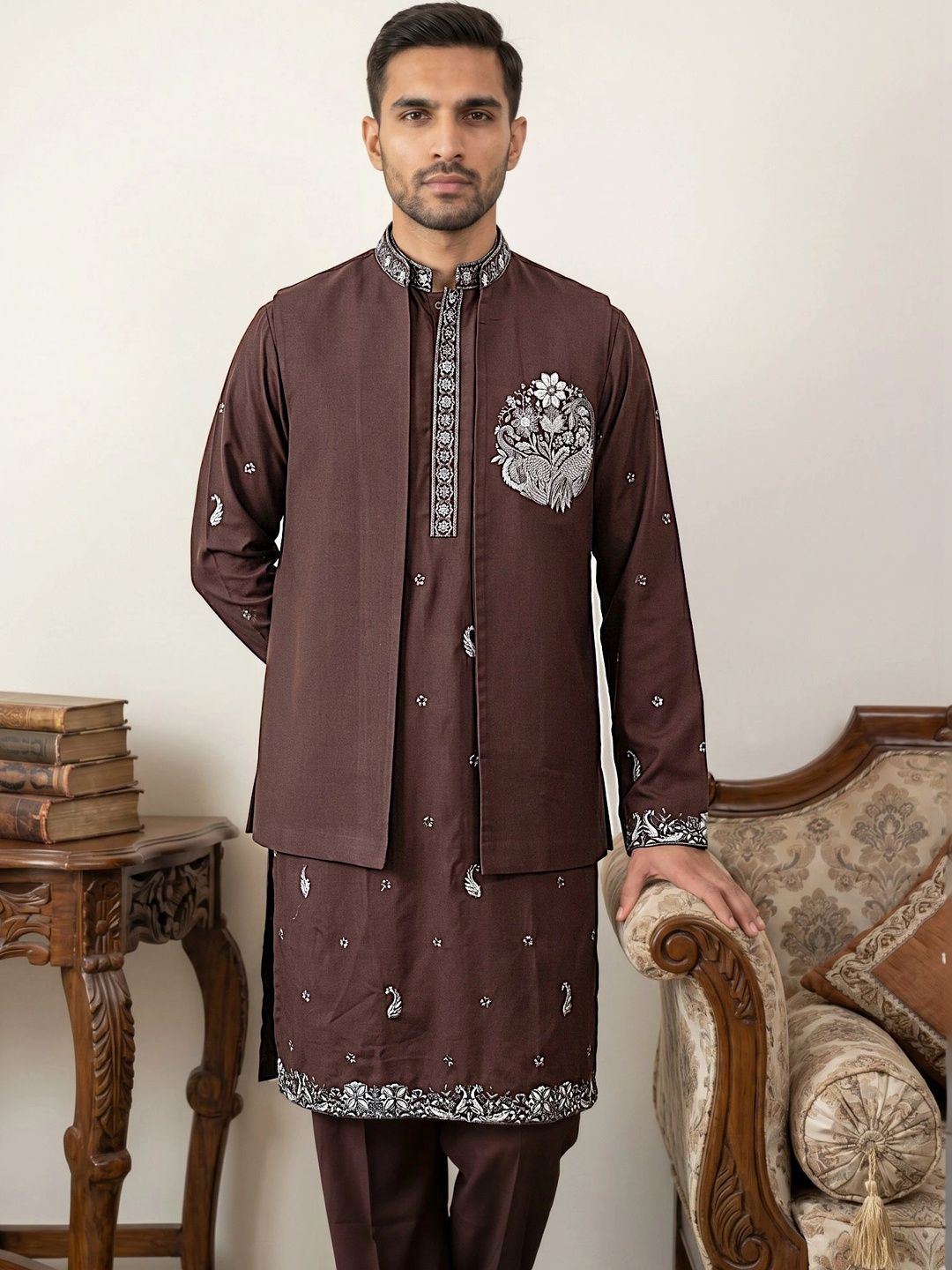 Jompers Men Floral Embroidered Regular Chikankari Kurta with Pyjamas-picture-15