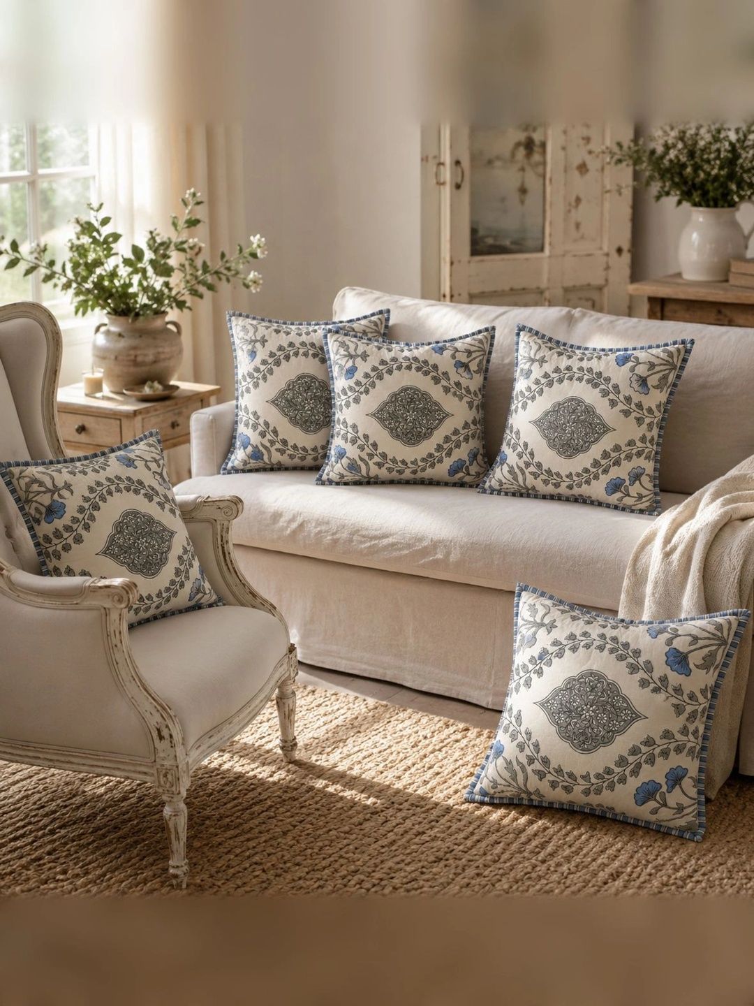 Myntra Elegant Homes White & Blue Set of 5 Floral Square Cushion Covers-picture-13
