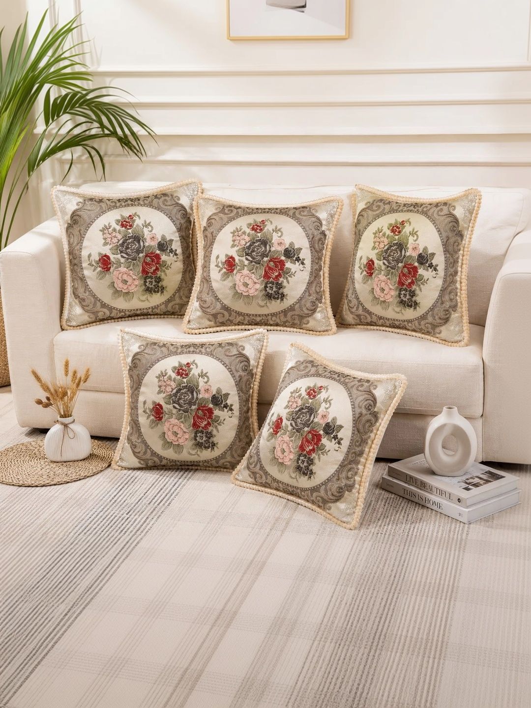 TANLOOMS White Set of 5 Floral Square Cushion Covers-picture-33