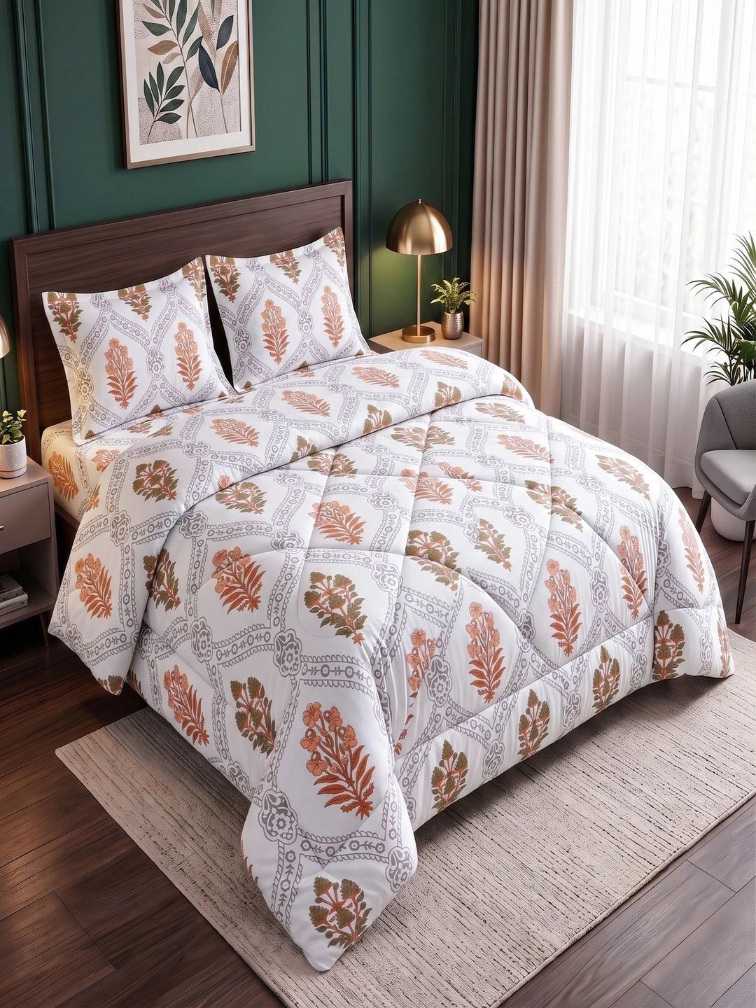 Threadwear White & Brown Floral Polycotton 1 Piece Double Queen Regular Bedding Set-picture-16