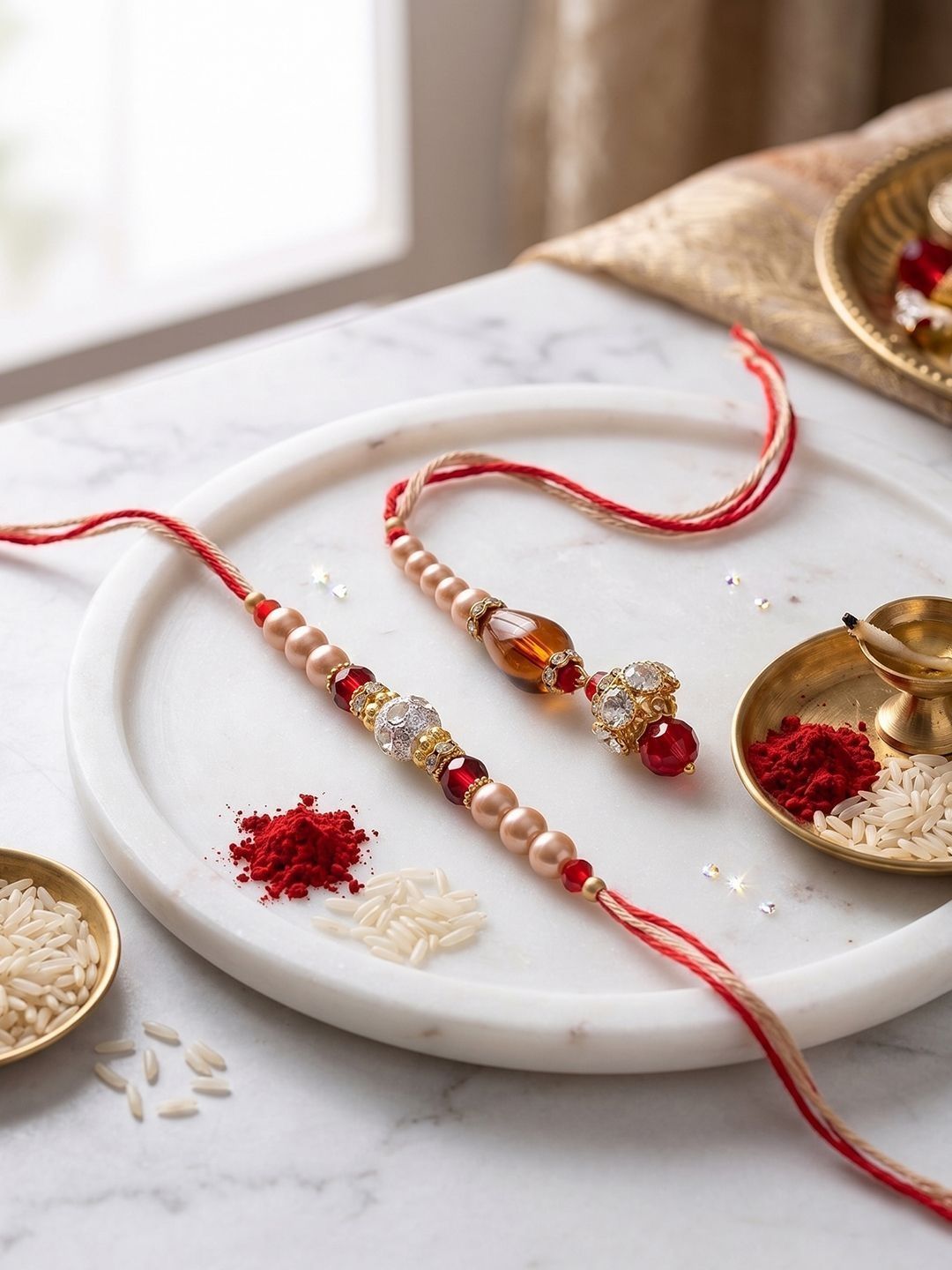 Anouk Set Of 2 Multicolor Artificial Stones & Beads Bhaiya Bhabhi Rakhi With Roli Chawal-picture-13