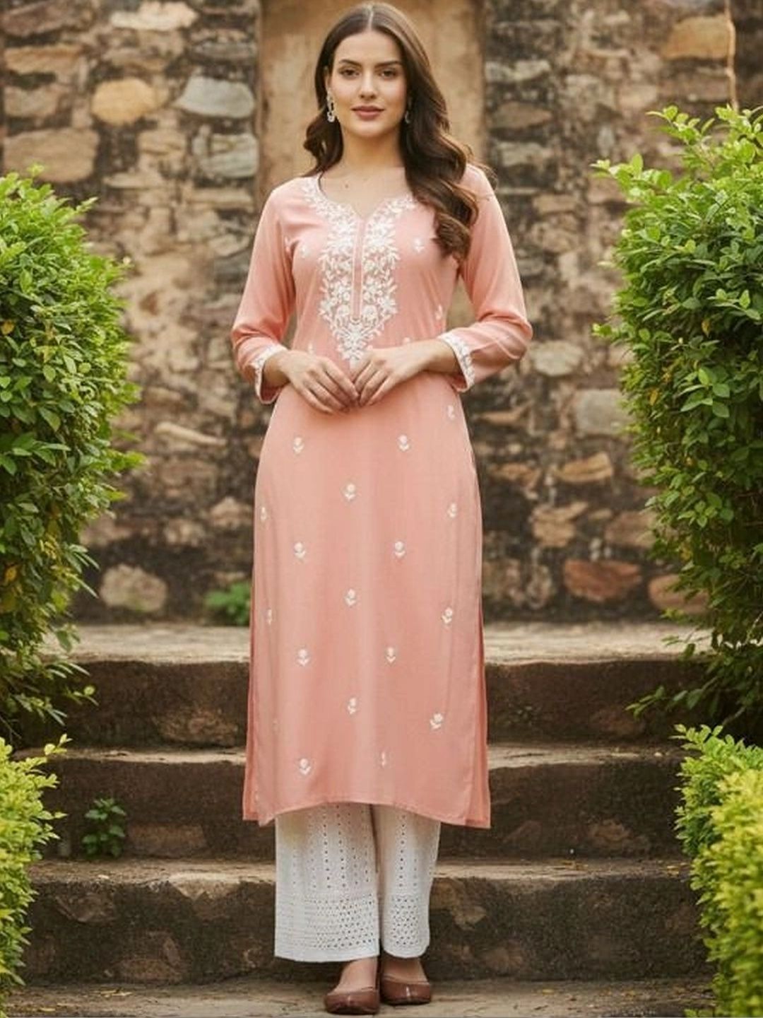 ROOP AYU Ethnic Motifs Embroidered V-Neck Chikankari Chikankari Kurti-picture-19