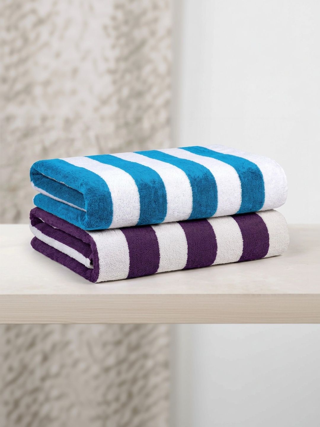 Hornbill Enterprises 2-Pcs Yellow & Blue Striped Pure Cotton 500 GSM Beach Towels-image-12