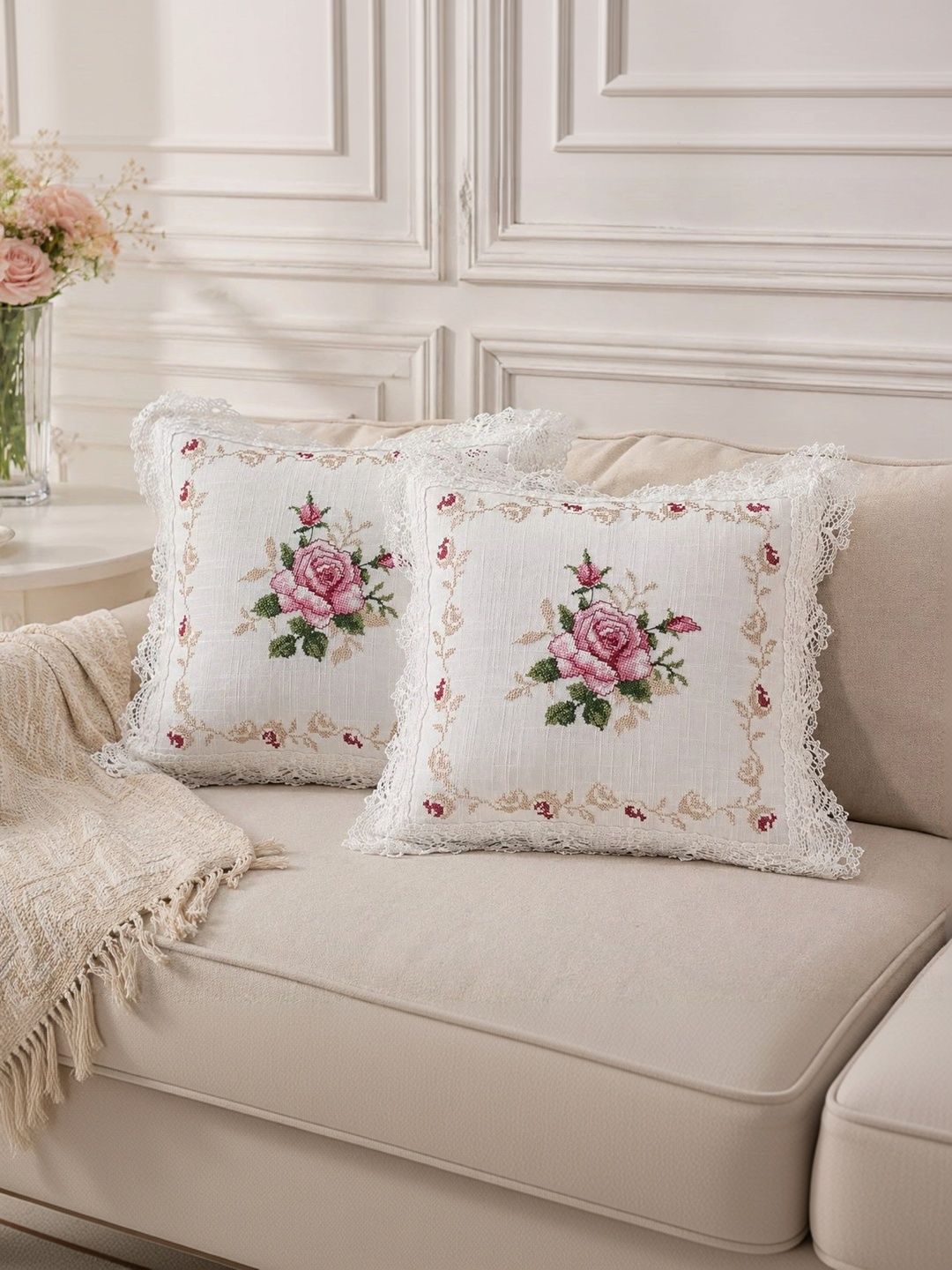 MONKDECOR White Set of 2 Floral Linen Square Cushion Covers-picture-21