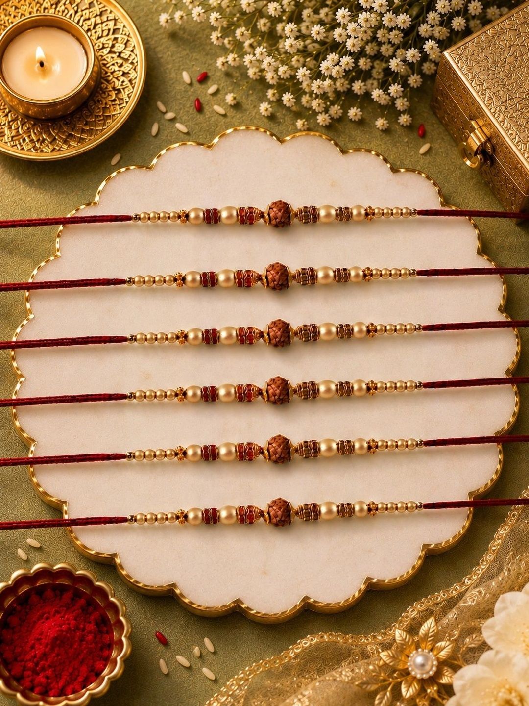 SZN Set Of 6 Beaded Rudraksha Rakhi With Roli-picture-22