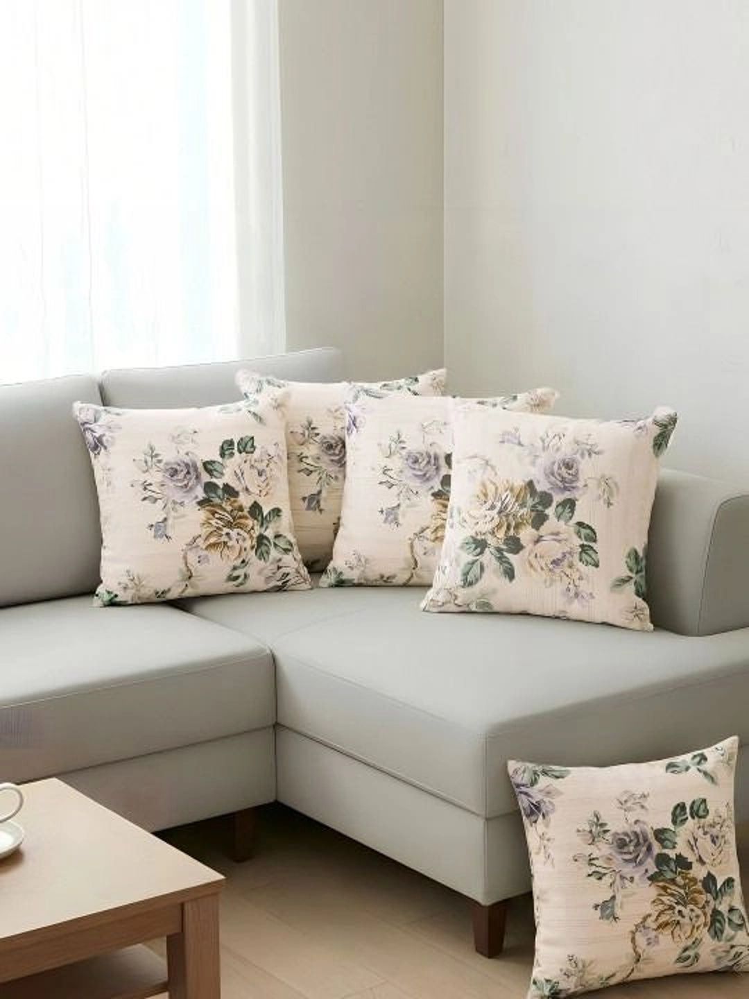 Aura Beige Set of 5 Floral Square Cushion Covers-picture-24