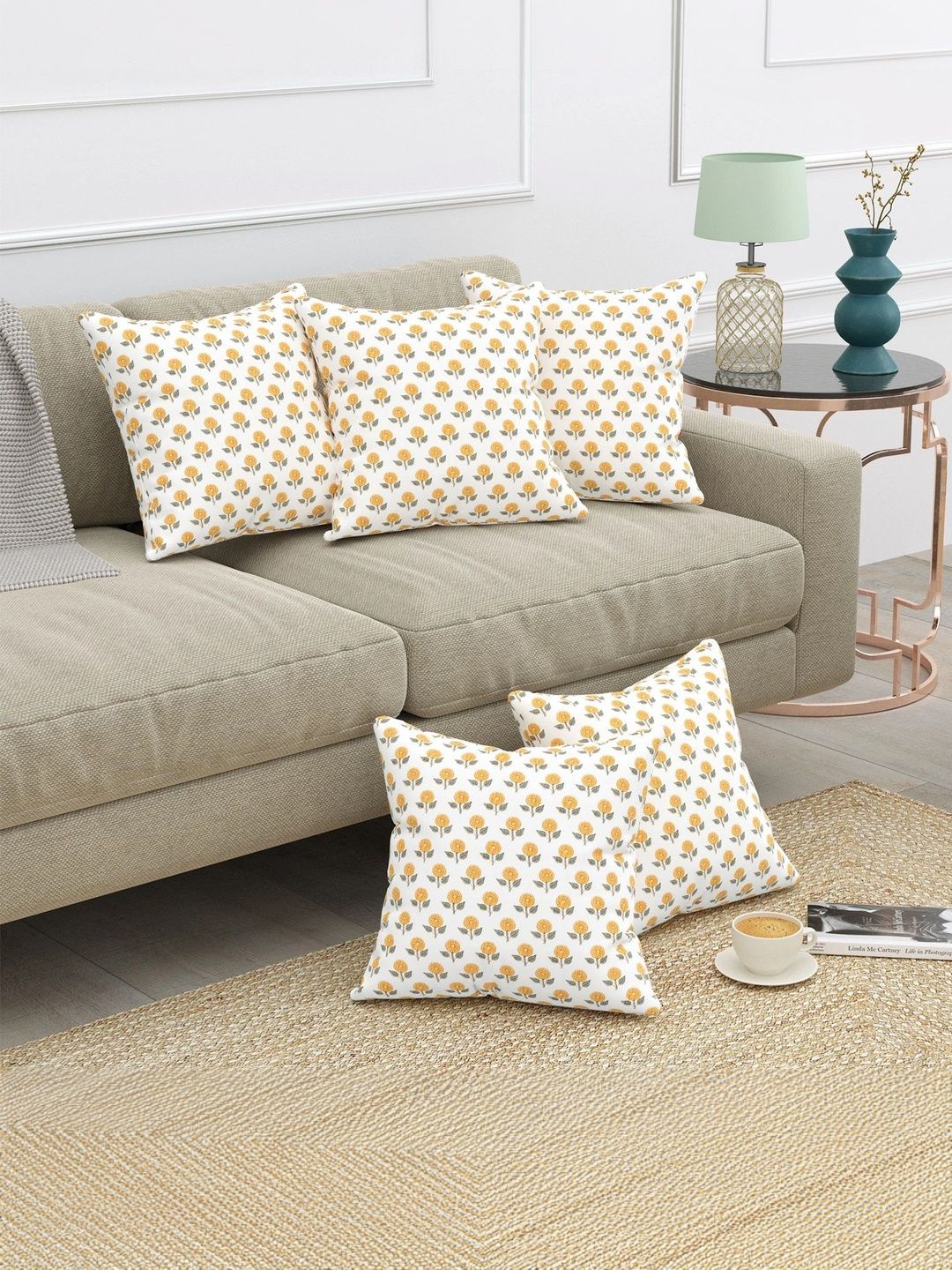 Texstylers Gold-Toned & White Set of 5 Floral Square Cushion Covers-picture-56
