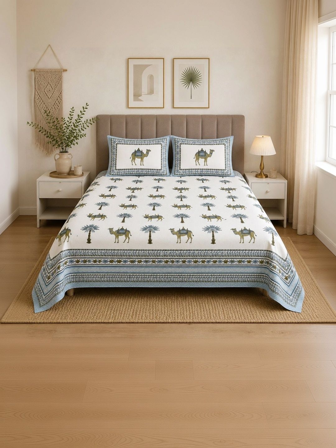 Aasira White & Blue Floral 210 TC Bedsheet with 2 Pillow Covers-image-14