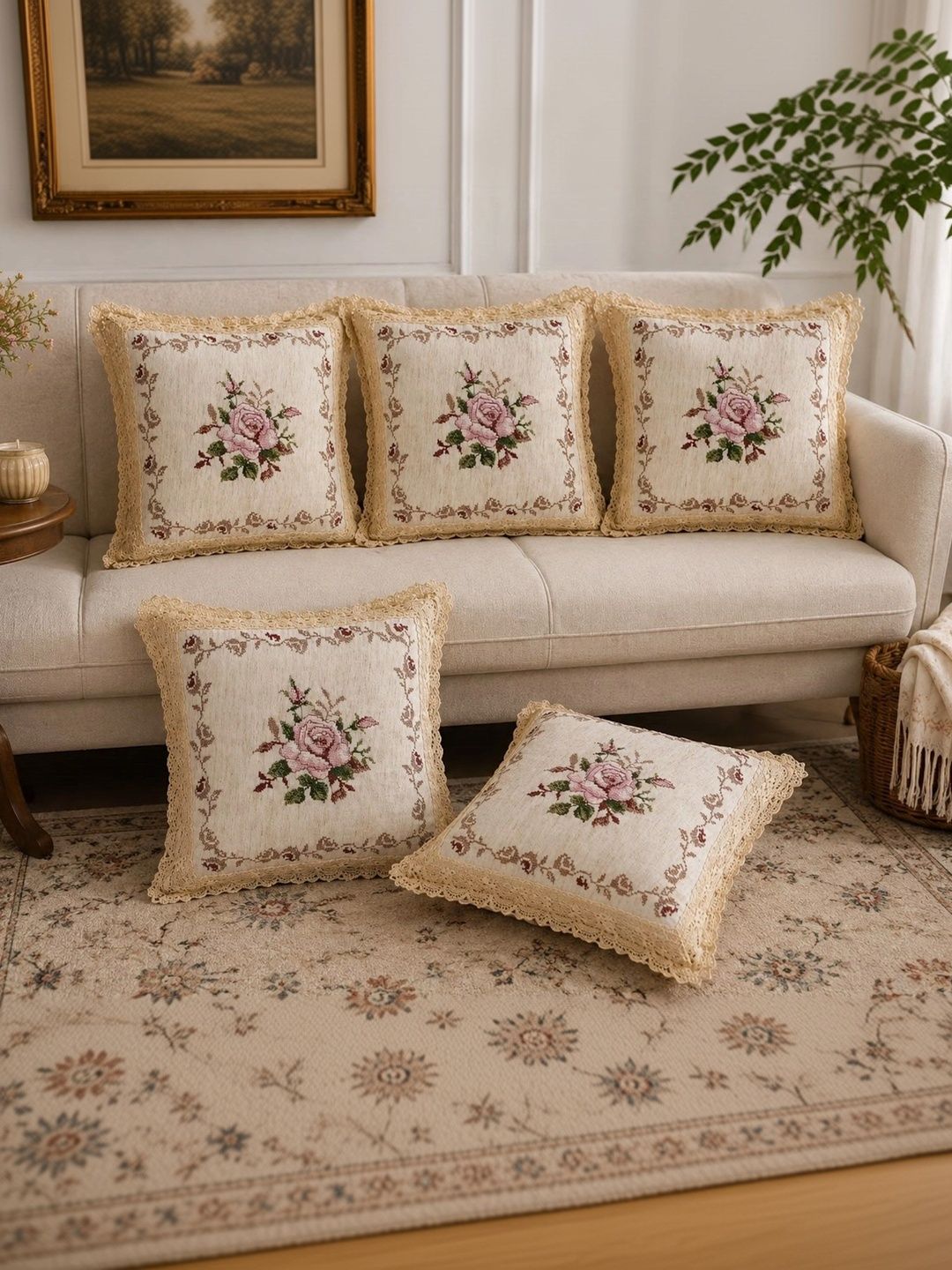 MONKDECOR White Set of 5 Floral Linen Square Cushion Covers-picture-12