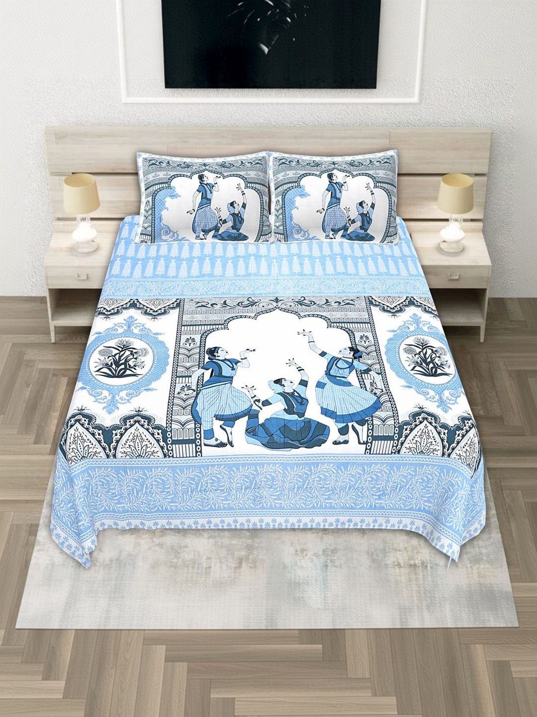JANGID INDUSTRYS Turquoise Blue & White 210 TC Bedsheet with 2 Pillow Covers-picture-29