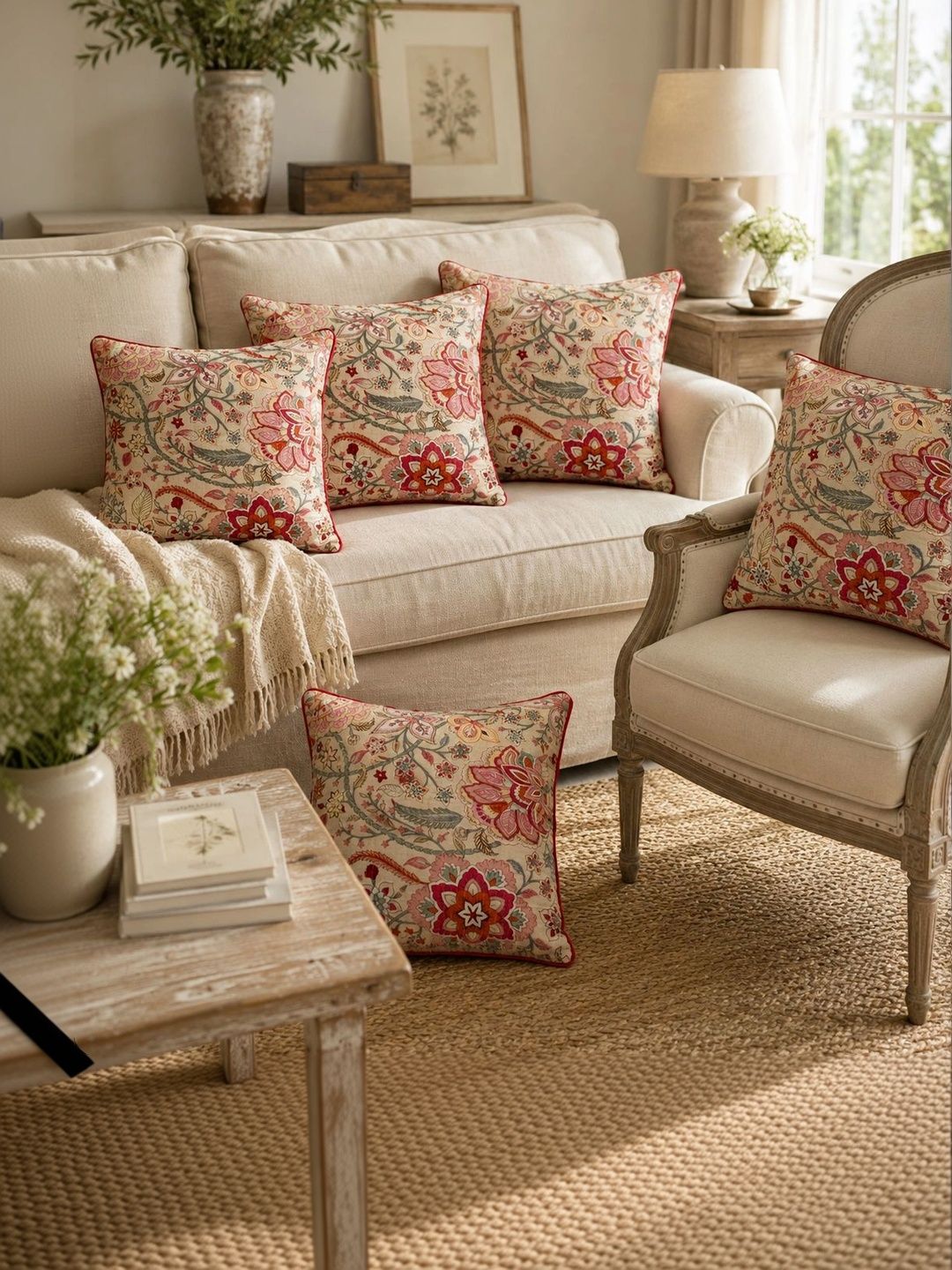 Aura Multicoloured Set of 5 Floral Square Cushion Covers-picture-43