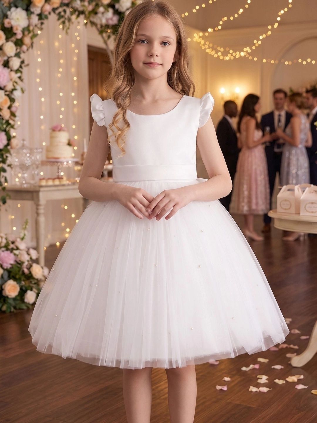 Kidlily Embellished Puff Sleeve Ruffled Net A-Line Dress-picture-32