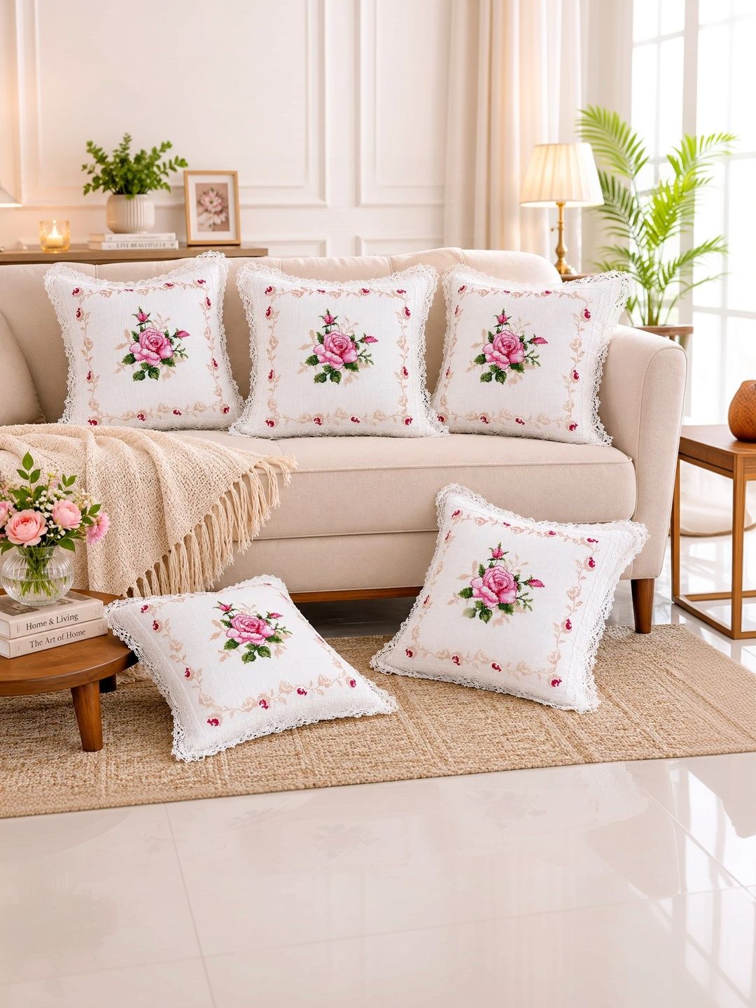 MONKDECOR White Set of 5 Floral Linen Square Cushion Covers-picture-23