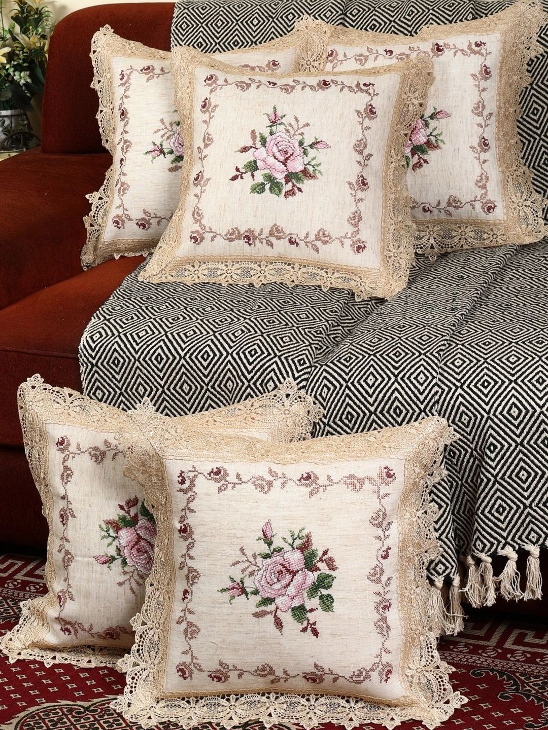 MONKDECOR Beige & Pink Set of 5 Floral Linen Blend Square Cushion Covers-image-39