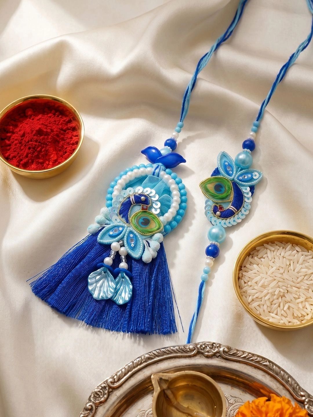 SZN Set Of 2 Peacock Design Bhaiya Bhabhi Rakhi With Roli Chawal Chandan Mishri-picture-23