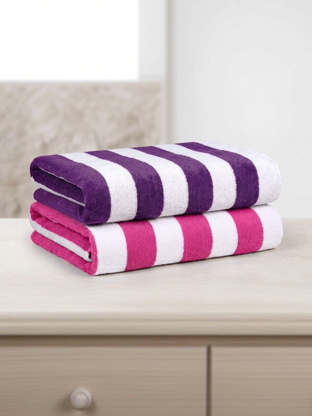 Hornbill Enterprises 2-Pcs Pink & Purple Striped Pure Cotton 500 GSM Beach Towels-image-18