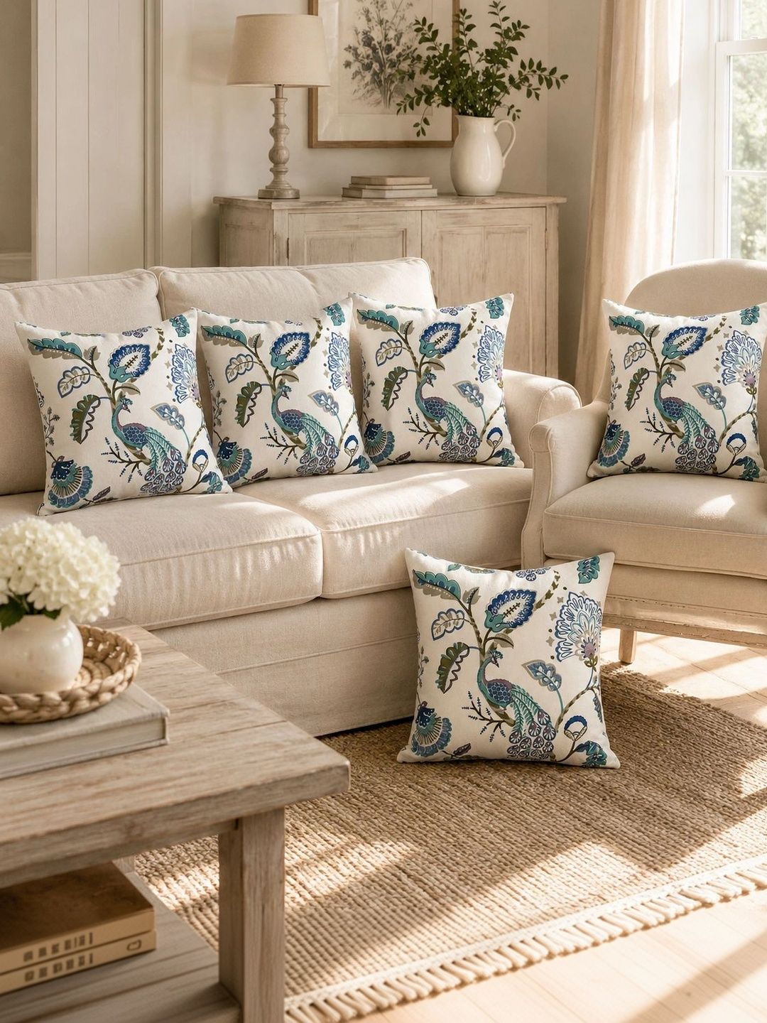 Aura Blue Set of 5 Floral Square Cushion Covers-picture-55