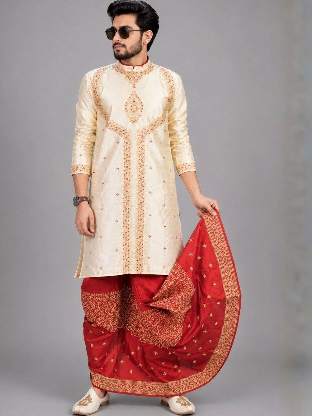 GOURI COLLECTIONS Men Ethnic Motifs Embroidered Regular Thread Work Kurta with Dhoti Pants-picture-50