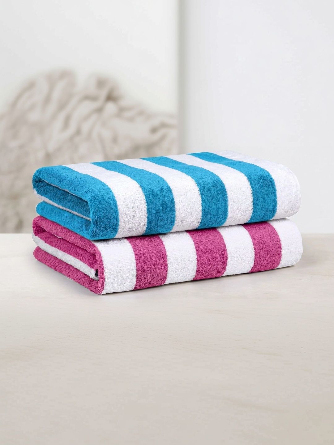 Hornbill Enterprises 2-Pcs Pink & Blue Striped Pure Cotton 500 GSM Beach Towels-image-10