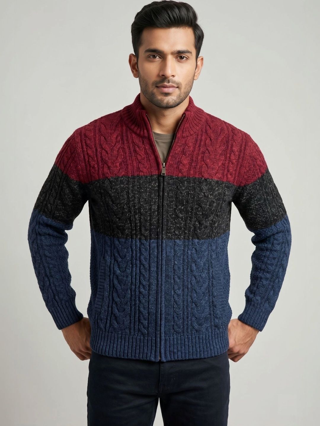 AXMANN Men Cable Knit Colourblocked Woollen Pullover-picture-30