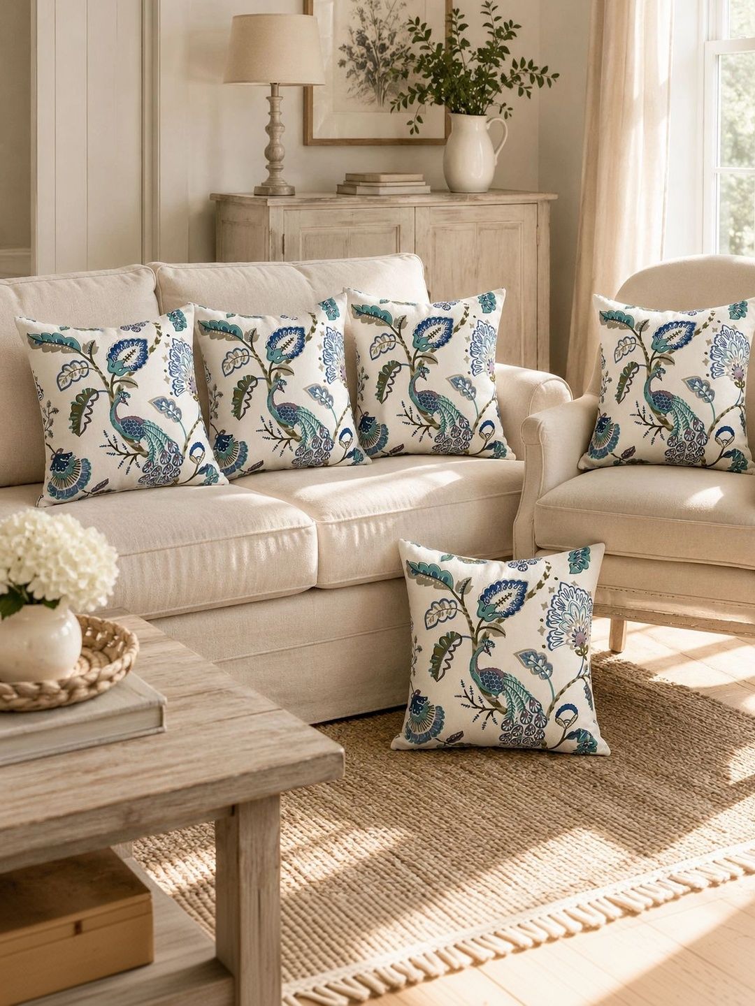 Myntra Elegant Homes Blue Set of 5 Floral Square Cushion Covers-image-28