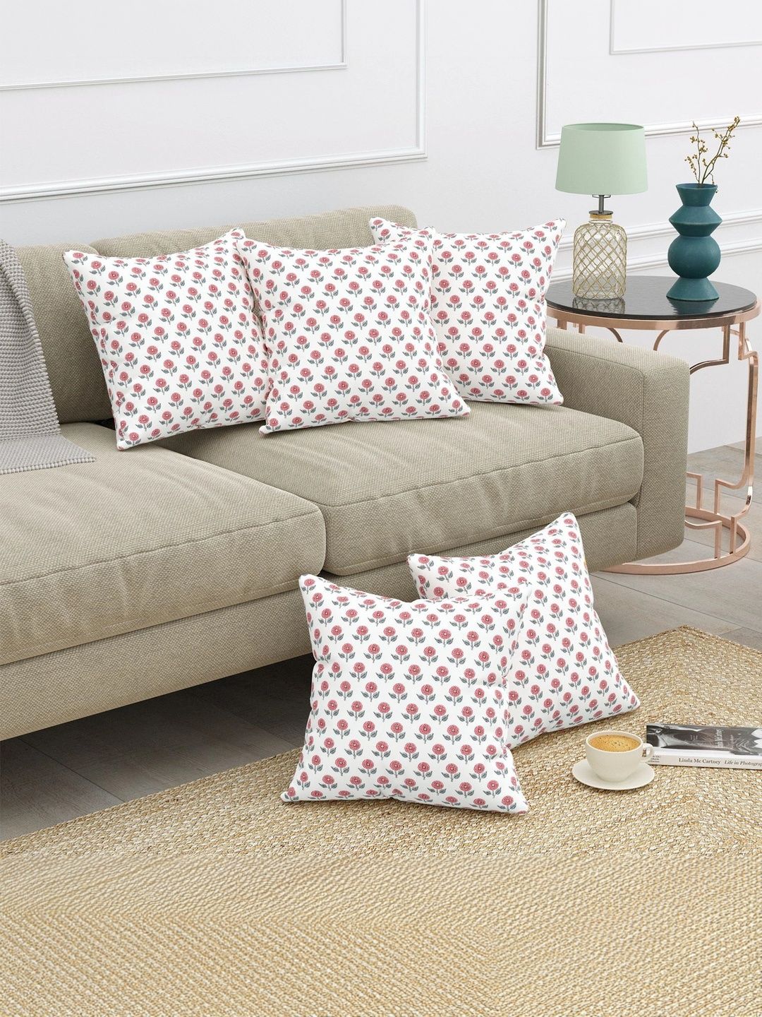Texstylers Grey & White Set of 5 Floral Square Cushion Covers-picture-14