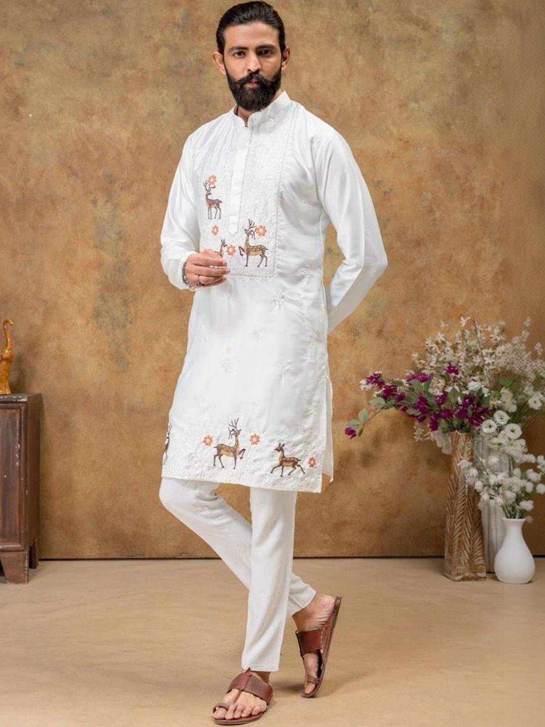 HOUSE OF DORAS Men Ethnic Motifs Embroidered Thread Work Satin Blend Kurta-picture-58