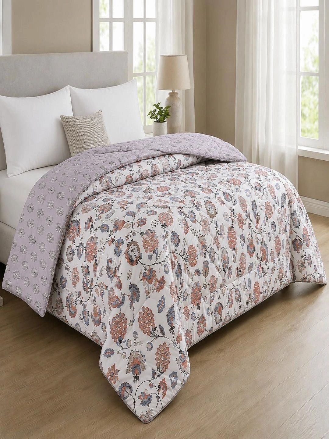 Myntra Elegant Homes Peach-Coloured & White Floral AC Room 210 GSM Quilt-picture-34