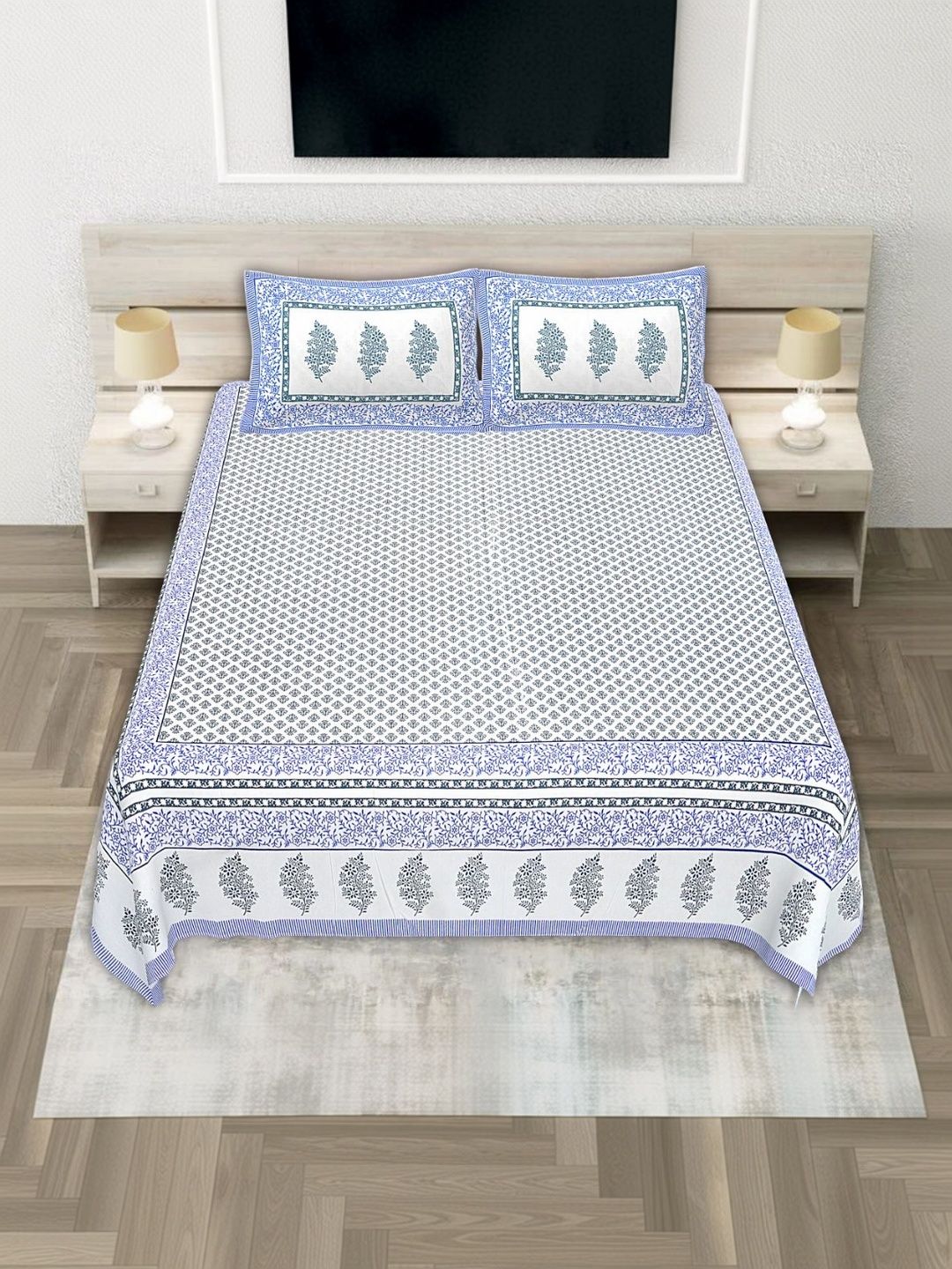 JANGID INDUSTRYS White & Blue Floral 210 TC Bedsheet with 2 Pillow Covers-picture-30