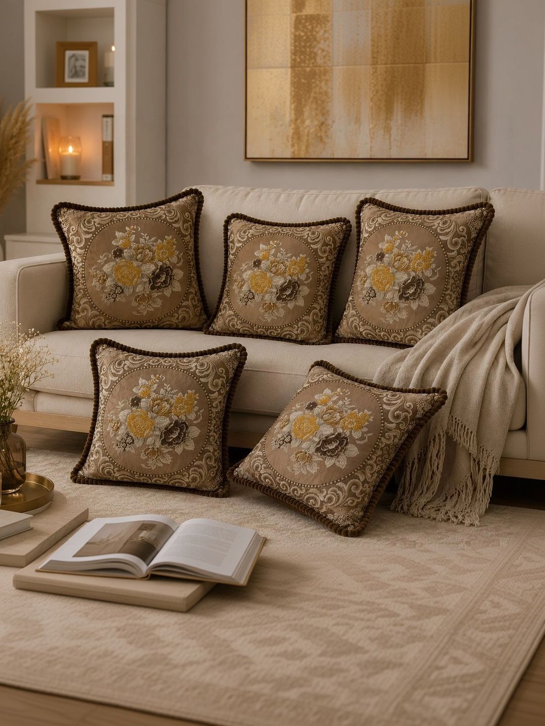 TANLOOMS White Set of 5 Floral Square Cushion Covers-picture-51