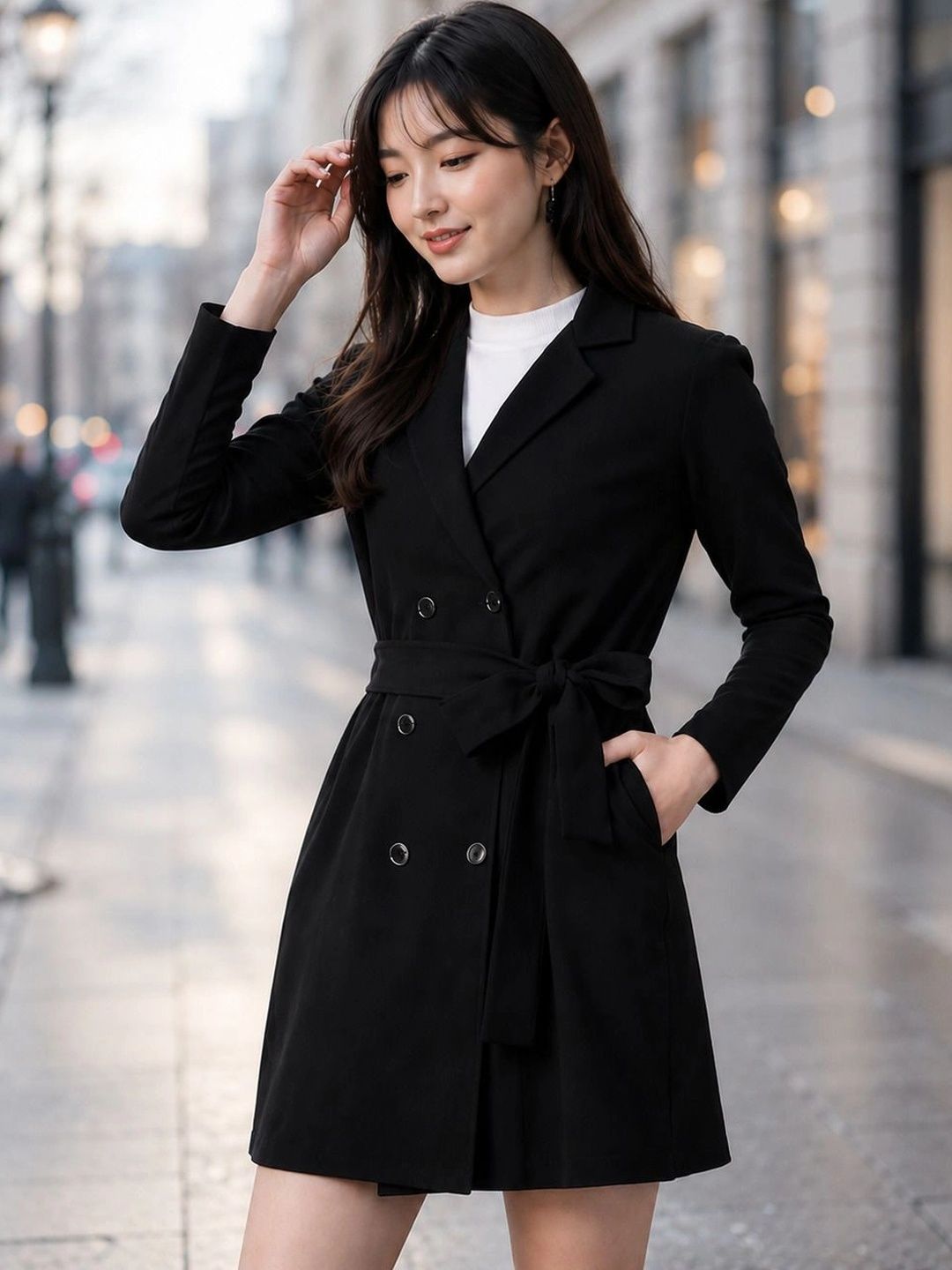 Style Quotient Notched Lapel Knee Length Trench Coat-image-12