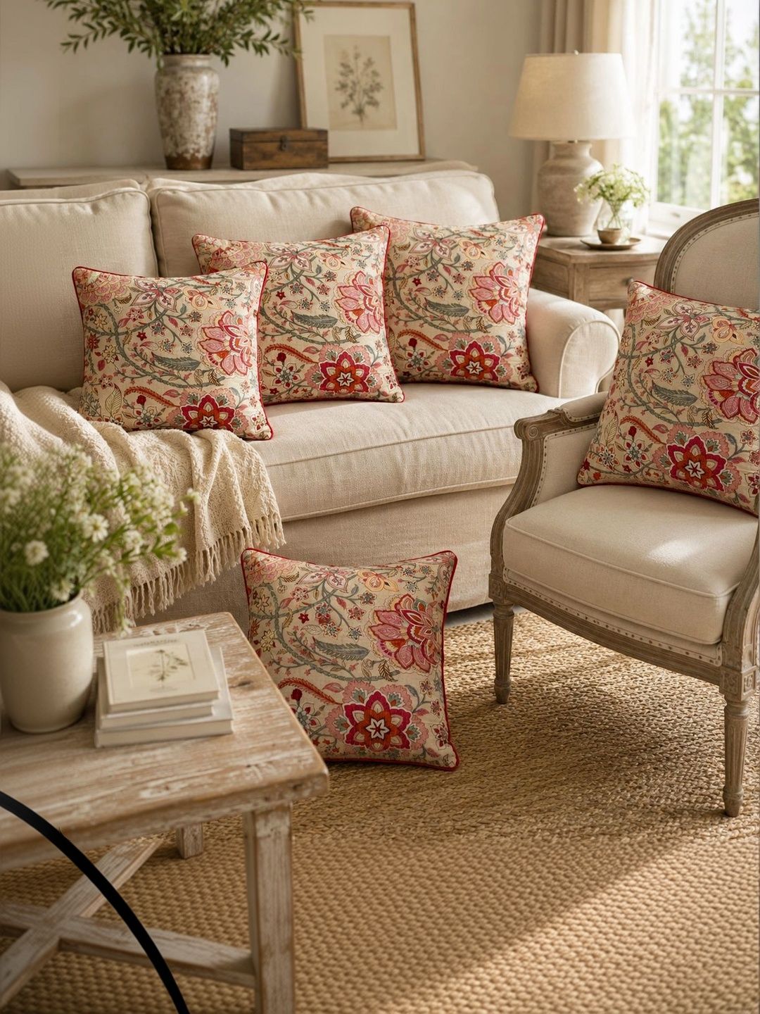Aura Multicoloured Set of 5 Floral Square Cushion Covers-picture-17