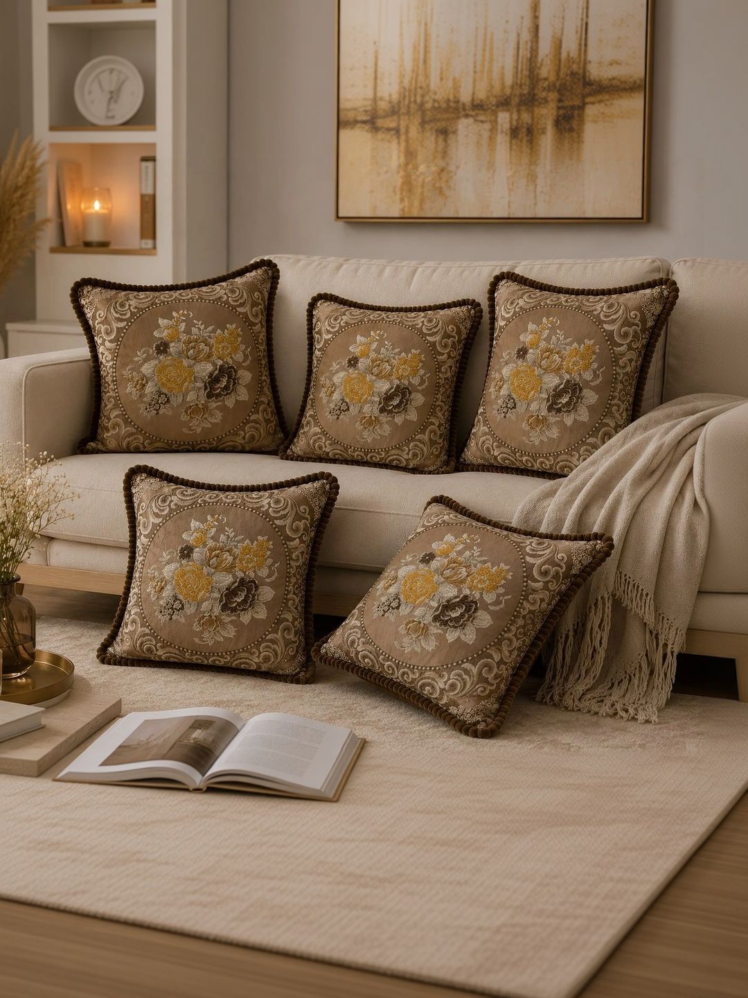 MONKDECOR White Set of 5 Floral Square Cushion Covers-image-19