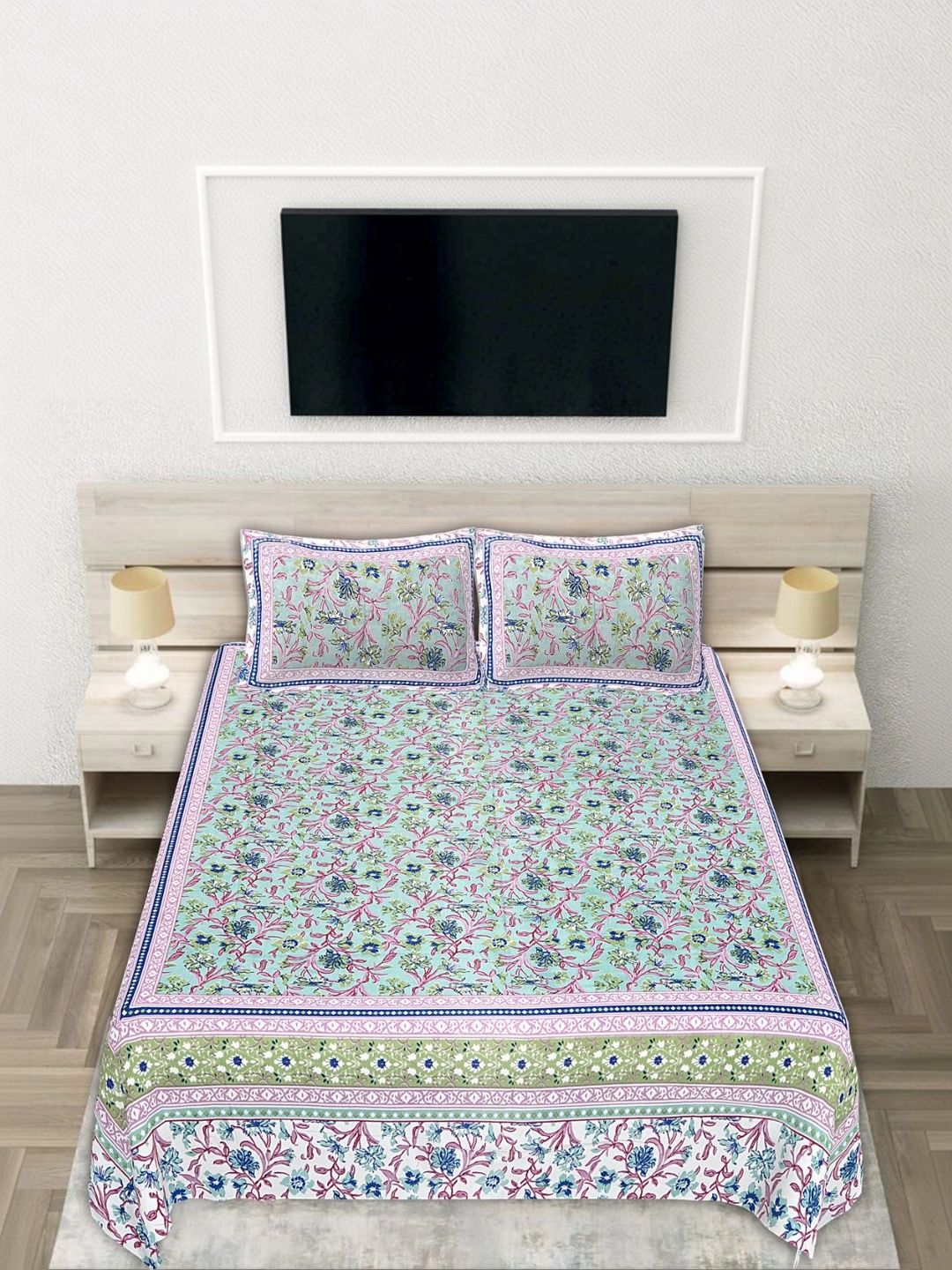 JANGID INDUSTRYS Sea Green & Pink Floral 210 TC Bedsheet with 2 Pillow Covers-image-1