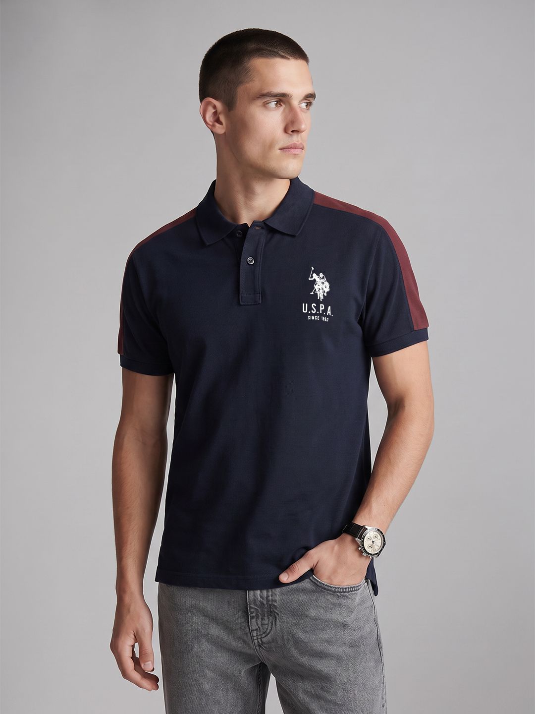 U.S. Polo Assn. Denim Co. Colourblocked Polo Collar Pure Cotton Slim Fit T-shirt-image-46