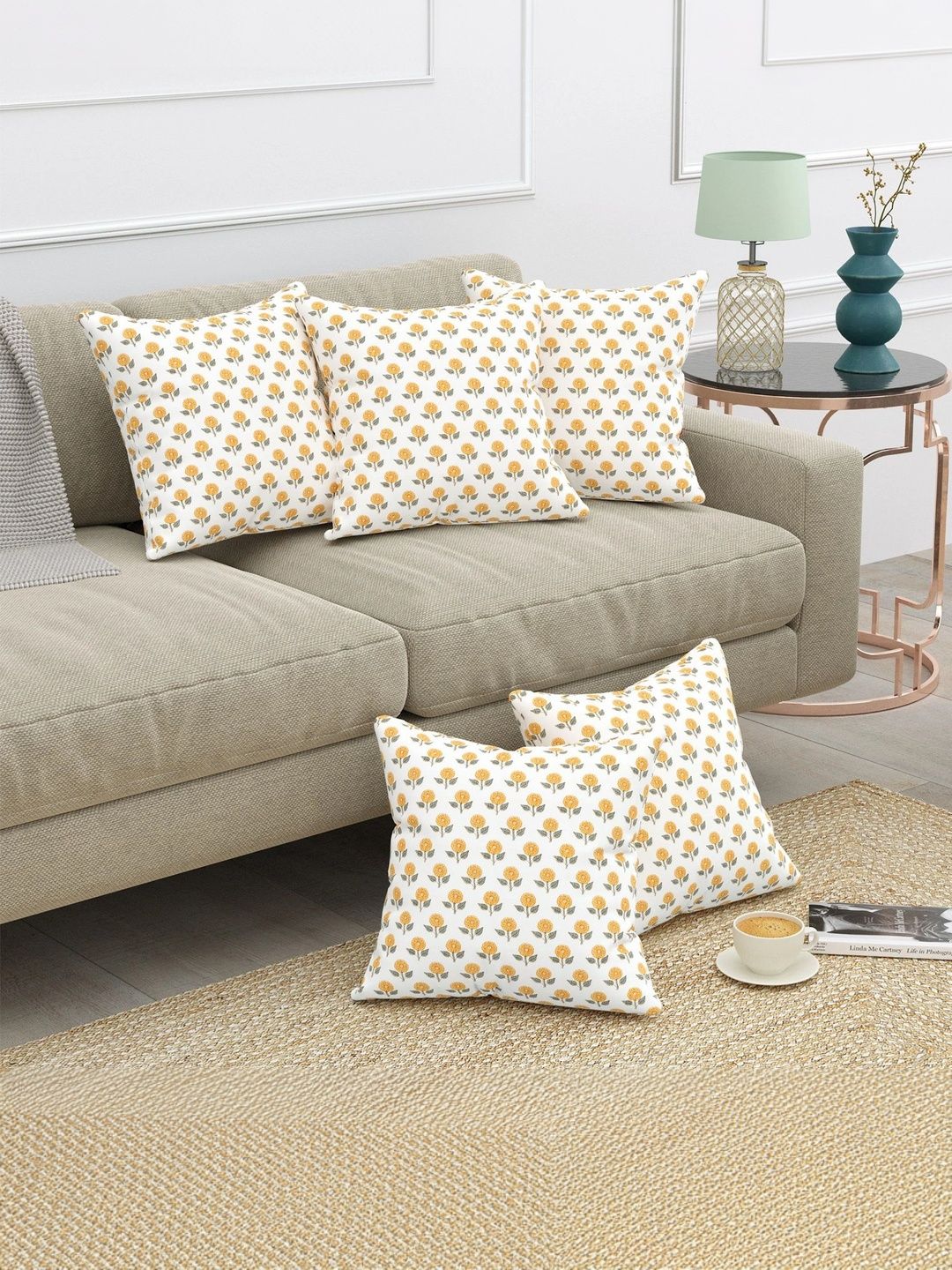 Texstylers Gold-Toned & White Set of 5 Floral Square Cushion Covers-picture-32
