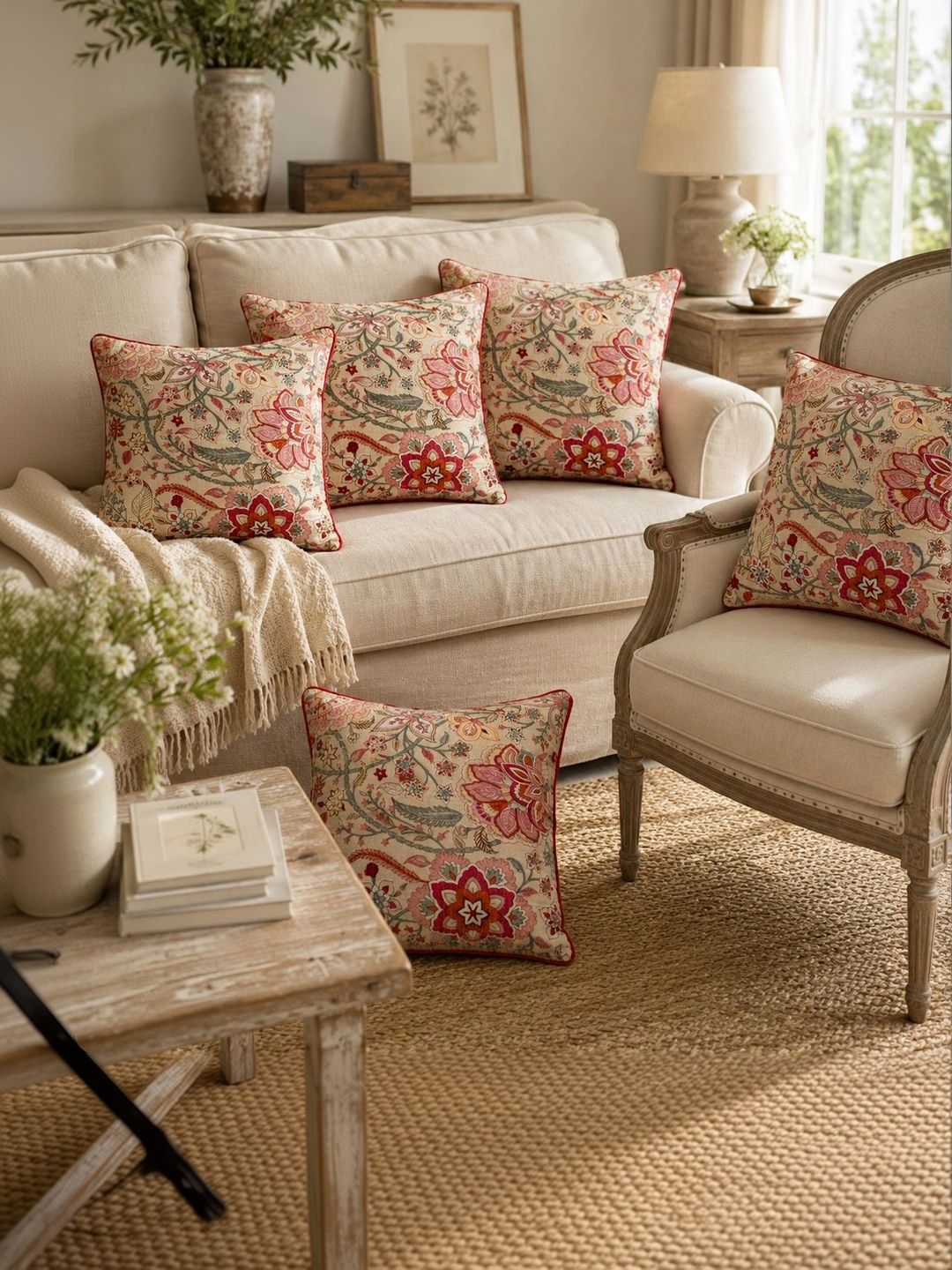 Aura Multicoloured Set of 5 Floral Square Cushion Covers-picture-58