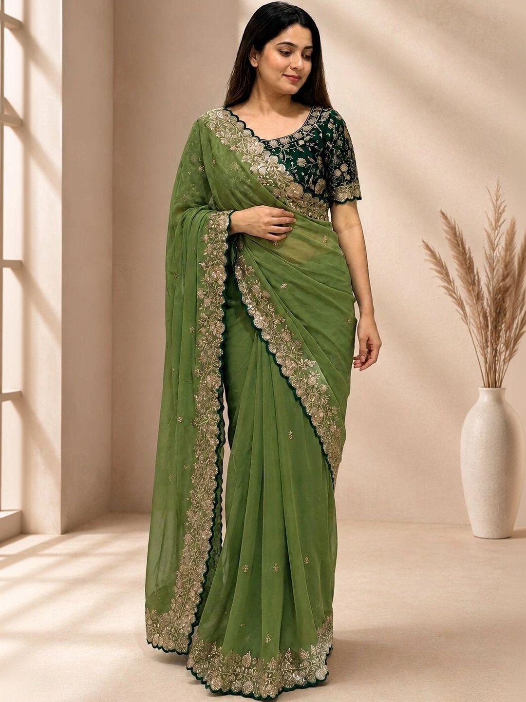 GS BEATS FASHION Woven Design Embroidered Poly Georgette Fusion Saree-picture-12