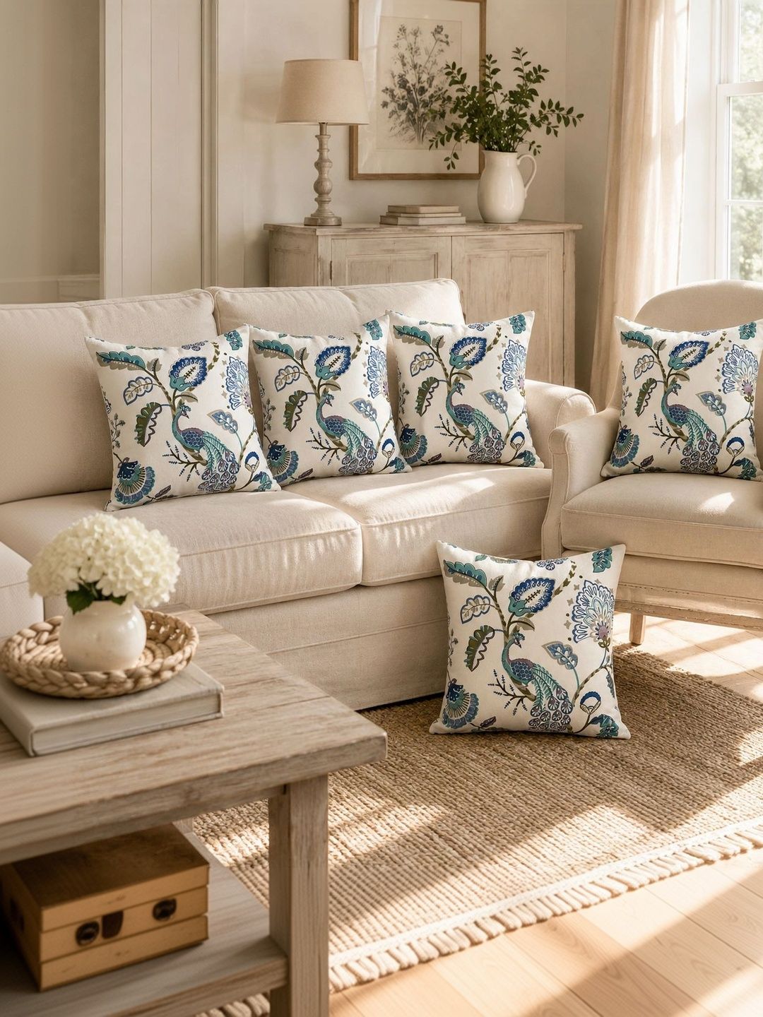 Myntra Elegant Homes Blue Set of 5 Floral Square Cushion Covers-picture-55