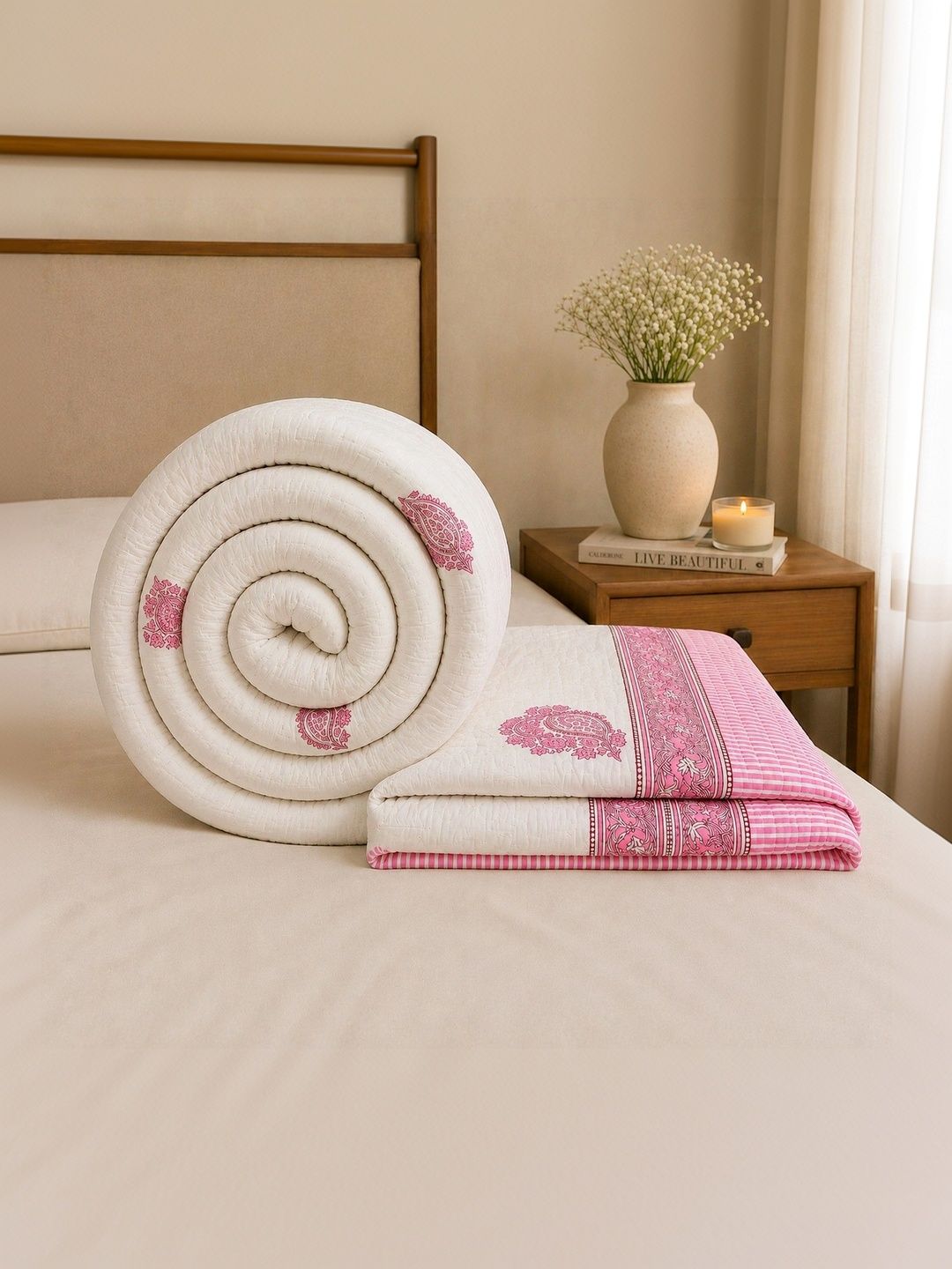 Natriel Pink & White Block Print Print Bedsheets-picture-30