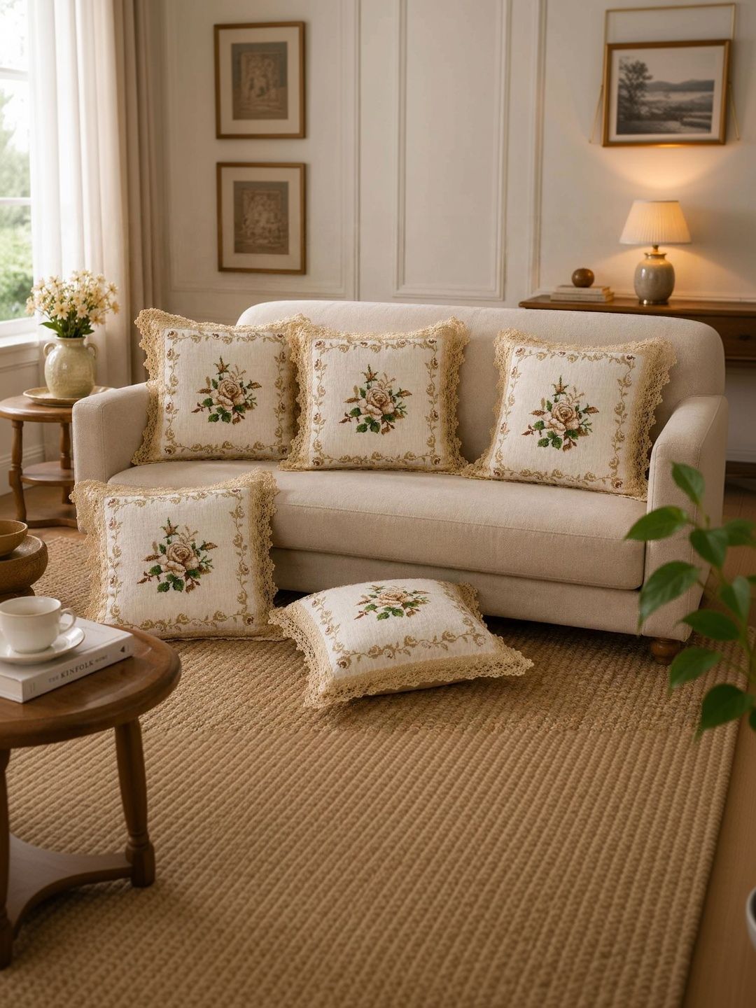 MONKDECOR White Set of 5 Floral Linen Square Cushion Covers-picture-26
