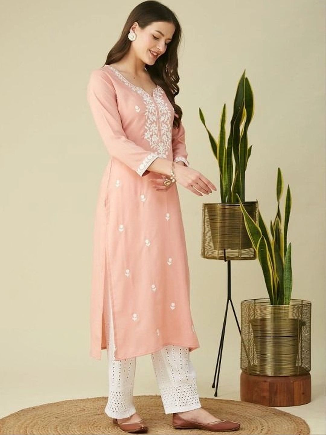 ROOP AYU Ethnic Motifs Embroidered V-Neck Chikankari Chikankari Kurti-picture-17