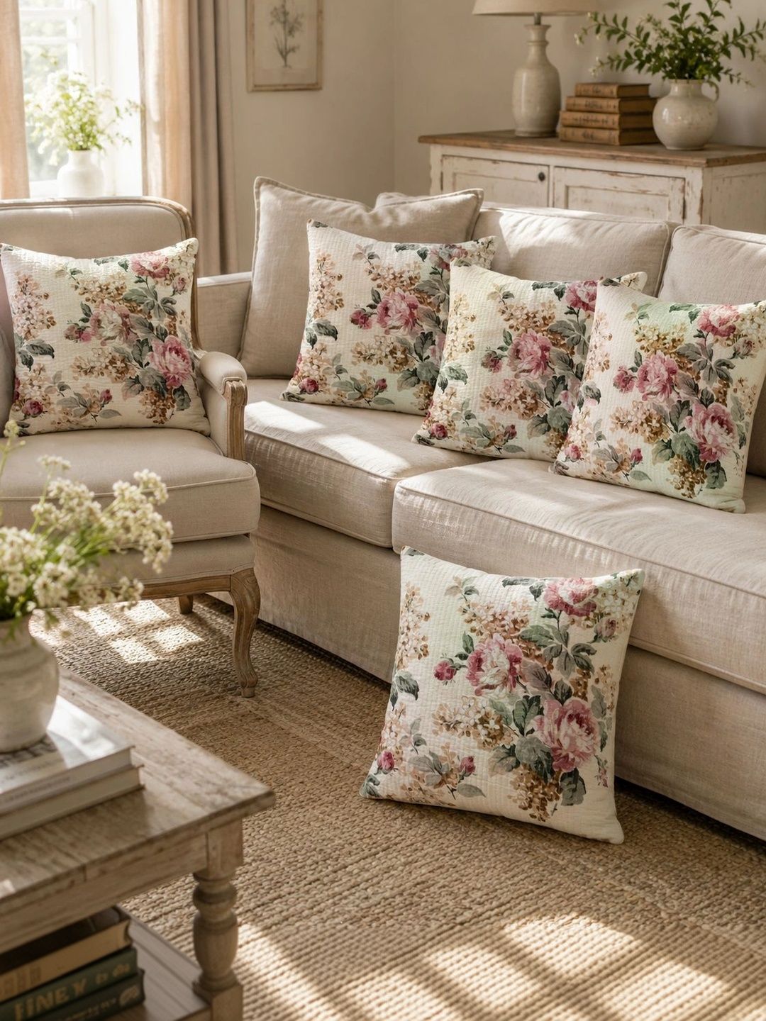 Aura Cream-Coloured Set of 5 Floral Square Cushion Covers-image-17