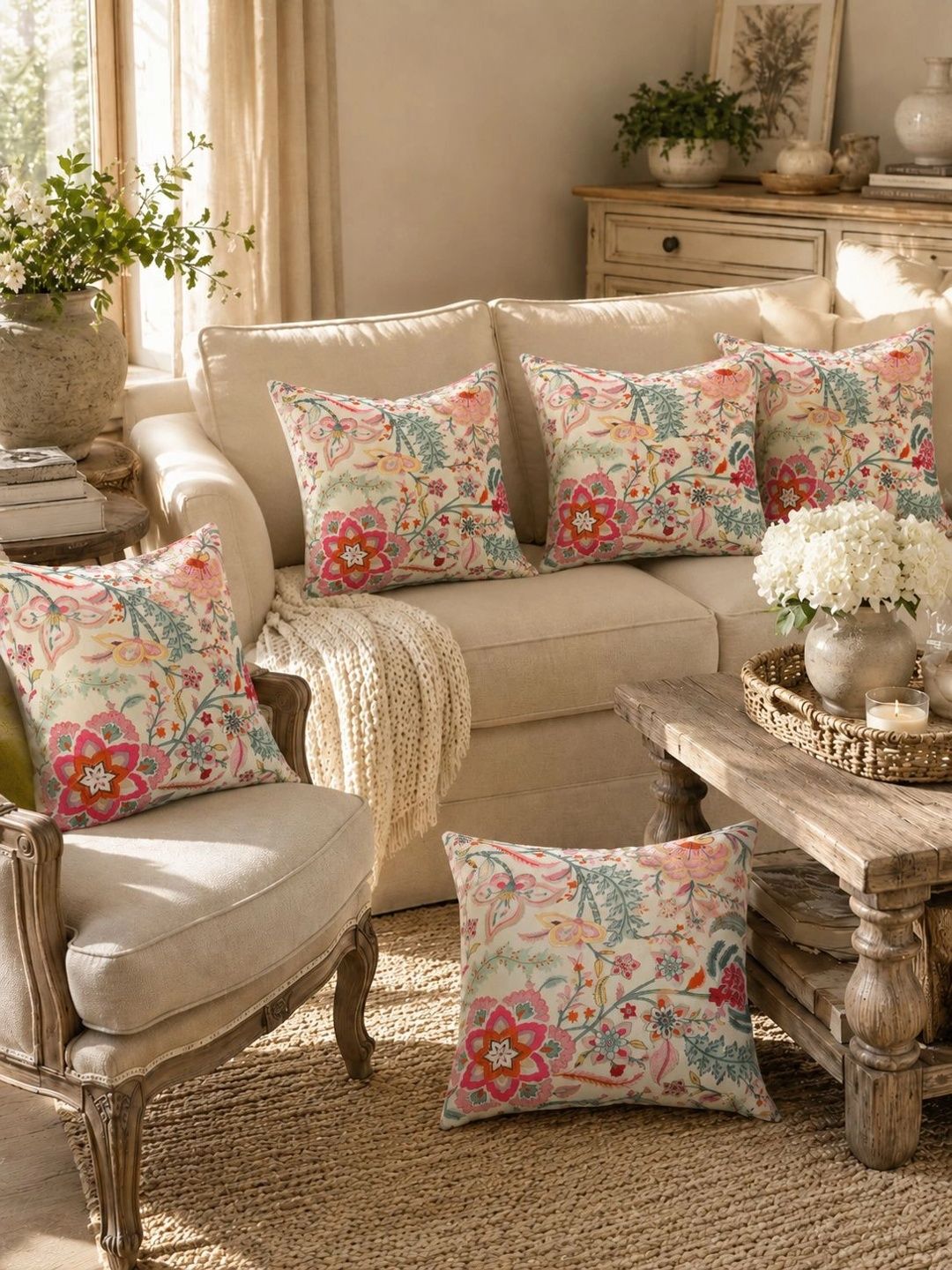 Aura Multicoloured Set of 5 Floral Square Cushion Covers-picture-44