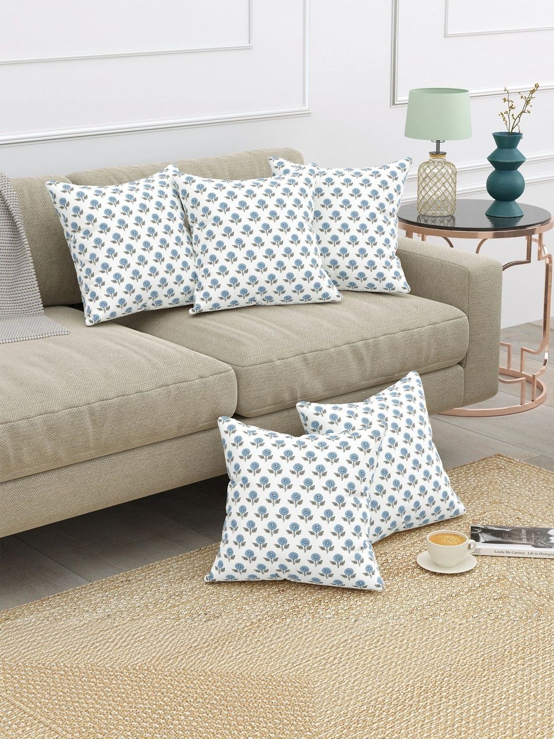 Texstylers Blue & White Set of 5 Floral Square Cushion Covers-picture-47