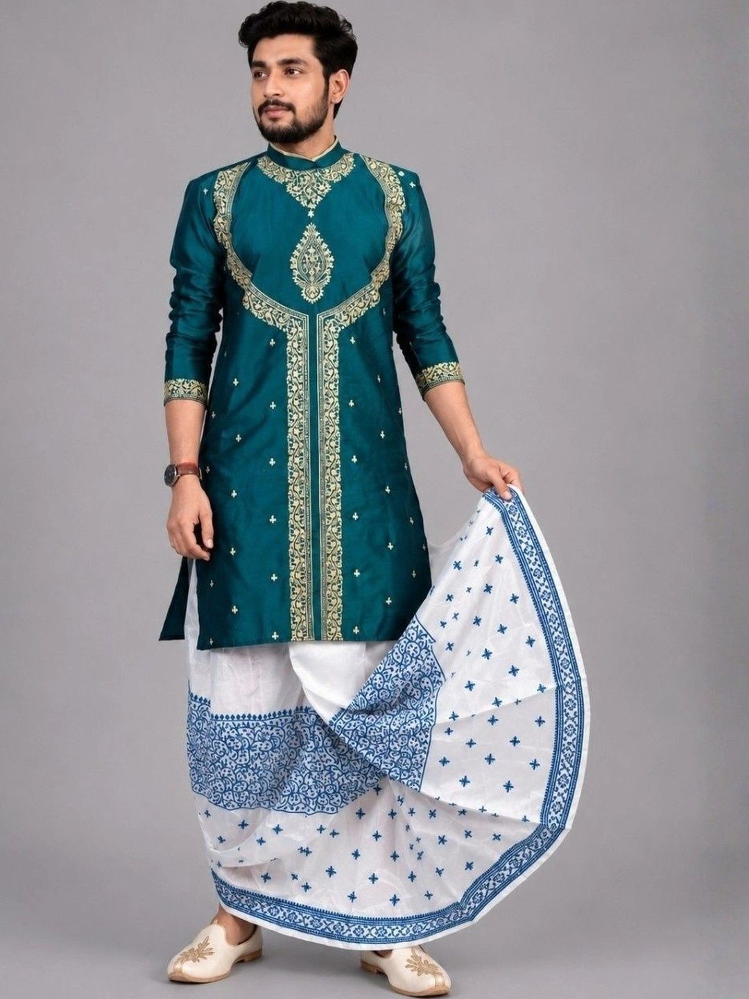 GOURI COLLECTIONS Men Ethnic Motifs Embroidered Regular Kurta with Dhoti Pants-picture-34